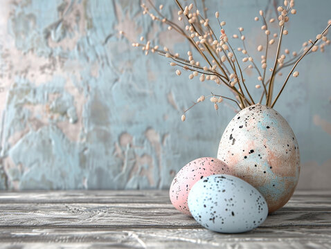  eggs and flowers on wooden Easter background with wide copy space , AI Generation