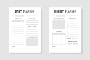 Simple modern daily and weekly personal planners. Minimalistic black and white design of organizer schedule pages with today's and week's tasks
