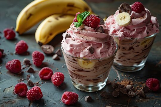 Postre en dos vasos de vidrio con helado cremoso sabor fresa, con sirope chocolate, frambuesas, bananas, fondo gris, compartir en familia, postre, recetas de &eacute;xito para postres caseros