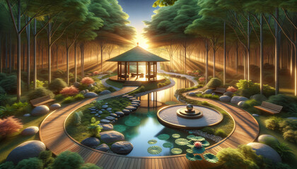 Serene glade with inclusive pavilion amidst lush nature, symbolizing financial security and wellness.