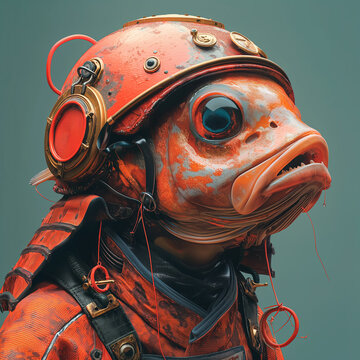 Colorful vector pixel art illustration of a meme fish-warrior  in a helmet.