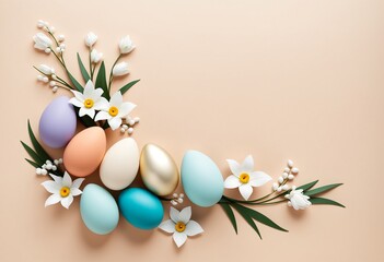 Easter Celebration with Colorful Eggs and Spring Flowers with copy space