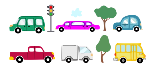 Fototapete Autorennen Cute collection colorful cars isolated on a white background. Icons in hand drawn style. Various Cars, automobiles, vehicles. Different types of cars - sedan, van, pickup, coupe, truck, school bus. 