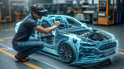 Innovative engineering: Engineer uses VR to design and personalize cars in virtual environment - obrazy, fototapety, plakaty