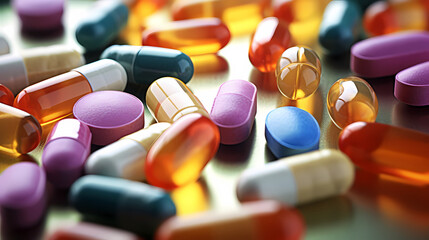 View filled with pills and capsules of different colors, healthcare concept