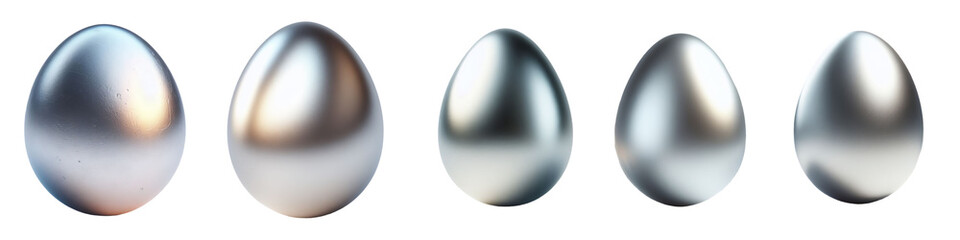 Set of silver painted eggs PNG. Realistic eggs on an isolated transparent background - obrazy, fototapety, plakaty