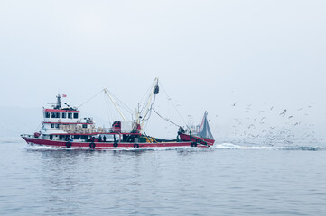 A fishing boat hunting in foggy weather.