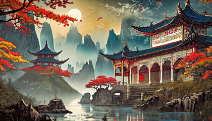 Fantasy background with mysterious ancient Chinese temple in mountains.