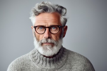 Elderly gray-haired man in gray sweater, place for text, - obrazy, fototapety, plakaty