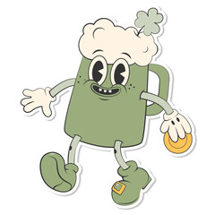 Trendy retro cartoon character green beer mug holding coin sticker.Happy Saint Patrick's Day.Groovy style, vintage,70s 60s.Vector illustration EPS10