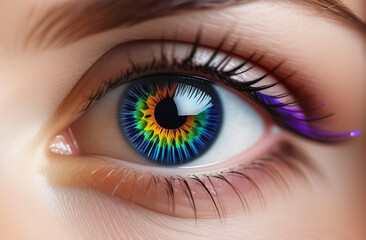 Close up view of woman eye. Rainbow colors pupil. - obrazy, fototapety, plakaty