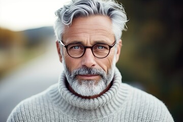 Elderly gray-haired man in gray sweater, place for text, portrait. - obrazy, fototapety, plakaty
