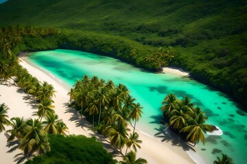 a picture of a remote, untouched tropical island with a pristine white sandy beach