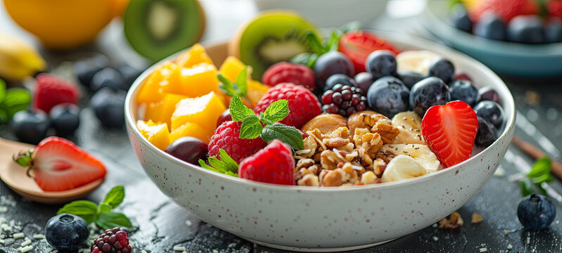 A vibrant, healthy breakfast bowl filled with a colorful assortment of fresh fruits and nuts, perfect for a nutritious start to the morning.