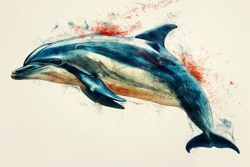 a Dolphin on a light background illustrated in watercolor with motion splashed in a Horizontal layout, in an Aquatic nature-themed, photorealistic illustration in JPG. Generative ai