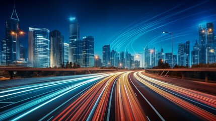 Fast motion speed car light trails on night city road. Night megapolis highway lights on cityscape background.