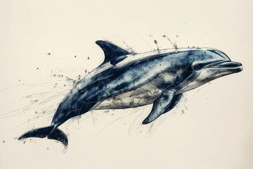 Obraz premium a Dolphin on a light background illustrated in watercolor with motion splashed in a Horizontal layout, in an Aquatic nature-themed, photorealistic illustration in JPG. Generative ai