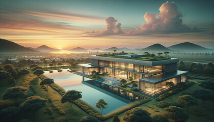 Fototapeta premium Tranquil sunrise with modern sustainable building in serene natural landscape