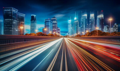 Fototapeta premium Fast motion speed car light trails on night city road. 