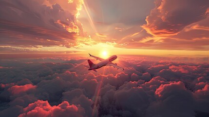 Our breathtaking image features an airplane flying above the clouds during sunset-crafted in 3D to elevate your travel concepts and evoke the thrill of an airborne adventure - obrazy, fototapety, plakaty