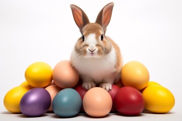 a rabbit sitting on top of a pile of eggs