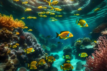 a picture of a vibrant coral reef teeming with colorful fish and marine life,