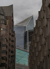 Architectural design of The Scalpel and Different building on Minching Lane in the City of London. Copy space, Selective focus.