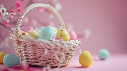 Easter decoration colorful eggs in basket on pink background with copy space. Beautiful colorful easter eggs. Happy Easter. Isolated.