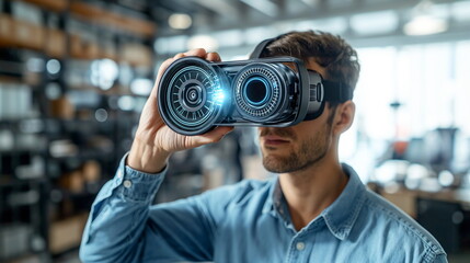 man examines intricate holographic projections through virtual reality goggles, a concept of advanced visualization and design