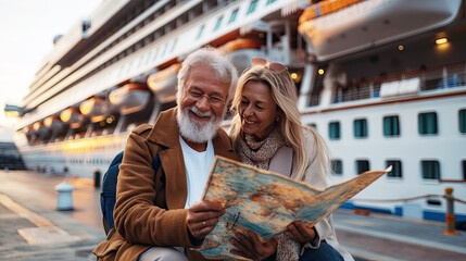 A smiling senior couple studies a map in front of a large cruise ship on a sunny morning