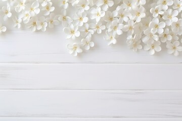 White flowers on wooden background, spring arrangement with copy space