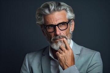 Elegant gray-haired man in glasses and suit, hand near face - obrazy, fototapety, plakaty