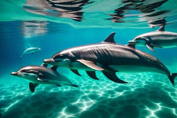 underwater scene depicting a pod of dolphins - obrazy, fototapety, plakaty