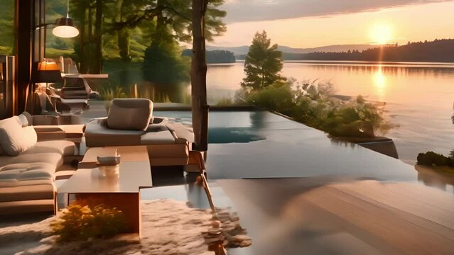 Terrace in the house with the view of the sunset over the lake