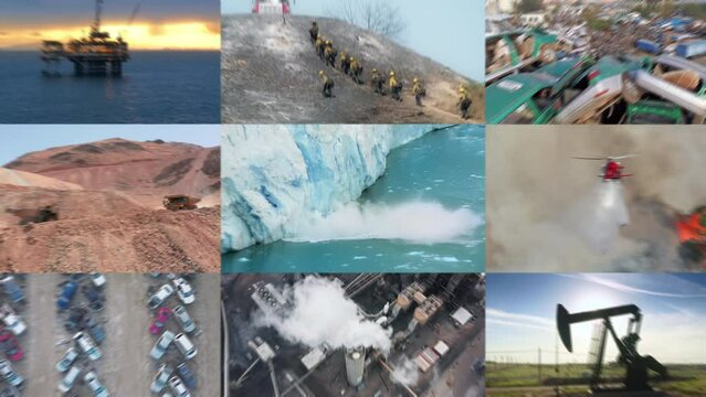 Global warming climate change collage. Ecology disaster impacted by wild fires, air pollution, plastic crisis, oil production, deforestation drought. Zoom out melting glacier ice collapsing into ocean