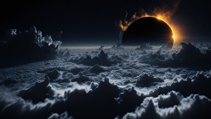 Solar eclipse panorama above clouds
