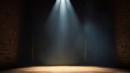 Spotlight on stage with wooden wall and floor. Mysterious suspenseful atmosphere - obrazy, fototapety, plakaty