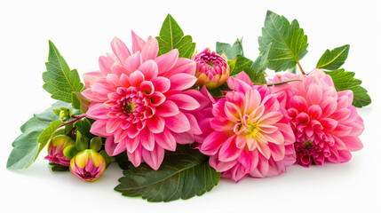 Bouquet of dahlia flowers plant with leaves isolated