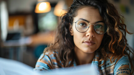 Professional Personal Assistant Reviewing Financial Reports with Analytical Skills in Office Setting