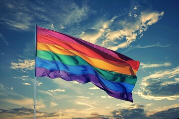 LGBTQ Pride unmellow yellow. Rainbow romeo and juliet colorful equal rights advocacy diversity Flag. Gradient motley colored peacefulness LGBT rightsparade love connection pride community - obrazy, fototapety, plakaty