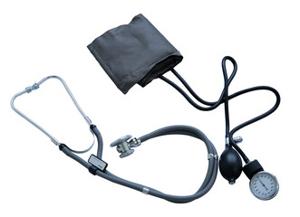 Blood pressure monitor and stethoscope isolated from the background. Medicine and health.