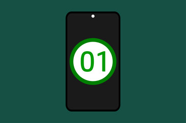 A phone screen showing number one within a circle isolated on a greenish background 