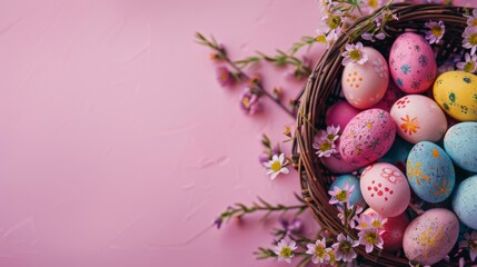 Obraz na płótnie Canvas Easter decoration colorful eggs in basket on pink background with copy space. Beautiful colorful easter eggs. Happy Easter. Isolated.