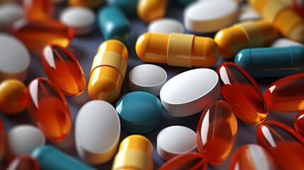 Many capsules of different sizes and colors, immune system enhancement, medical background, health background