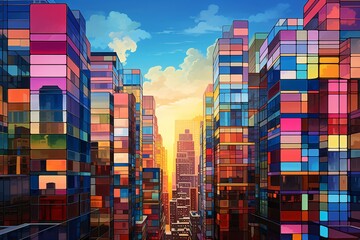 a colorful city buildings with blue sky and clouds