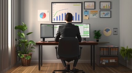 Professional man in a suit analyzing charts and data on dual monitors in a well-organized home office with plants and framed charts on the walls.

