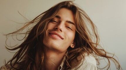 A close-up portrait of a young man with stylish long hair, queer man