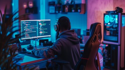 Young programmer working on code at a dual-monitor setup in a dimly lit room with colorful LED lighting, wearing headphones.

