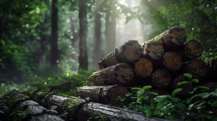 Wooden logs in the forest in the rays of the setting sun