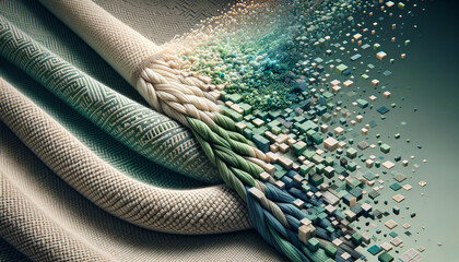 Eco-friendly textile: Organic fibers woven with digital disintegration effect. - obrazy, fototapety, plakaty